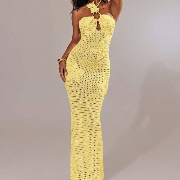 Yellow Sexy Women's Hollow-Out Floral Decor Halter Knitted Vacation Dress - Picture 7 of 8